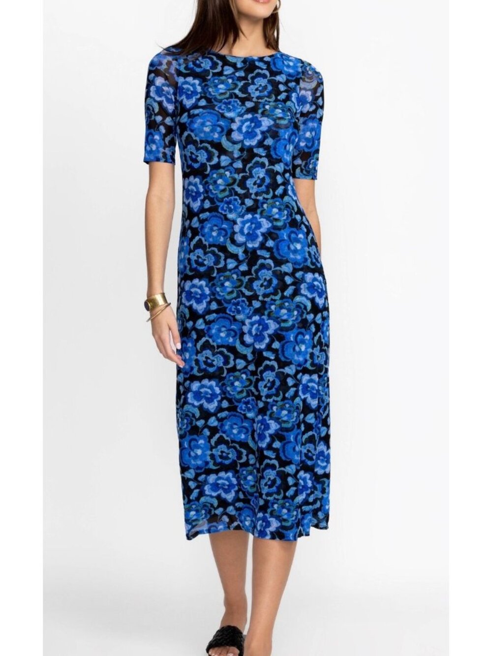 Johnny Was Jade Blue Calanthe Mesh Midi Dress size Large Floral Short Sleeves